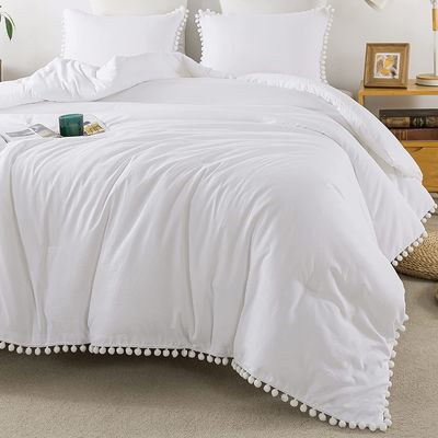 130 * 70 Densidad de tejido Fringe Blanco Pom Pom Cubierta de edredón y funda de almohada Set 3 piezas