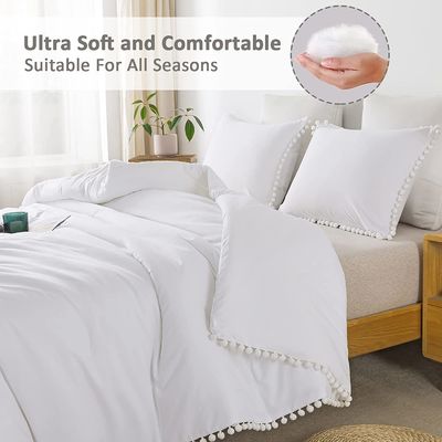 130 * 70 Densidad de tejido Fringe Blanco Pom Pom Cubierta de edredón y funda de almohada Set 3 piezas
