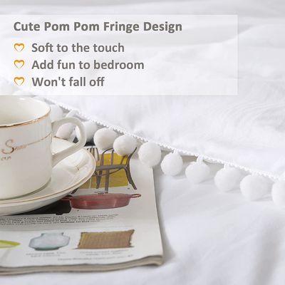 130 * 70 Densidad de tejido Fringe Blanco Pom Pom Cubierta de edredón y funda de almohada Set 3 piezas