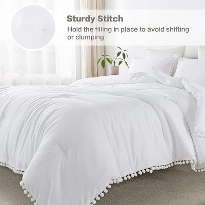 130 * 70 Densidad de tejido Fringe Blanco Pom Pom Cubierta de edredón y funda de almohada Set 3 piezas