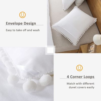 130 * 70 Densidad de tejido Fringe Blanco Pom Pom Cubierta de edredón y funda de almohada Set 3 piezas